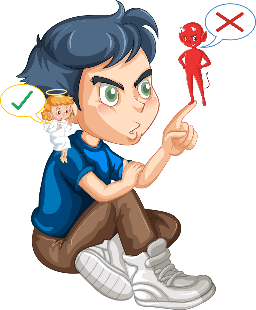 Cartoon Character with Devil and Angel Fighting in Thought